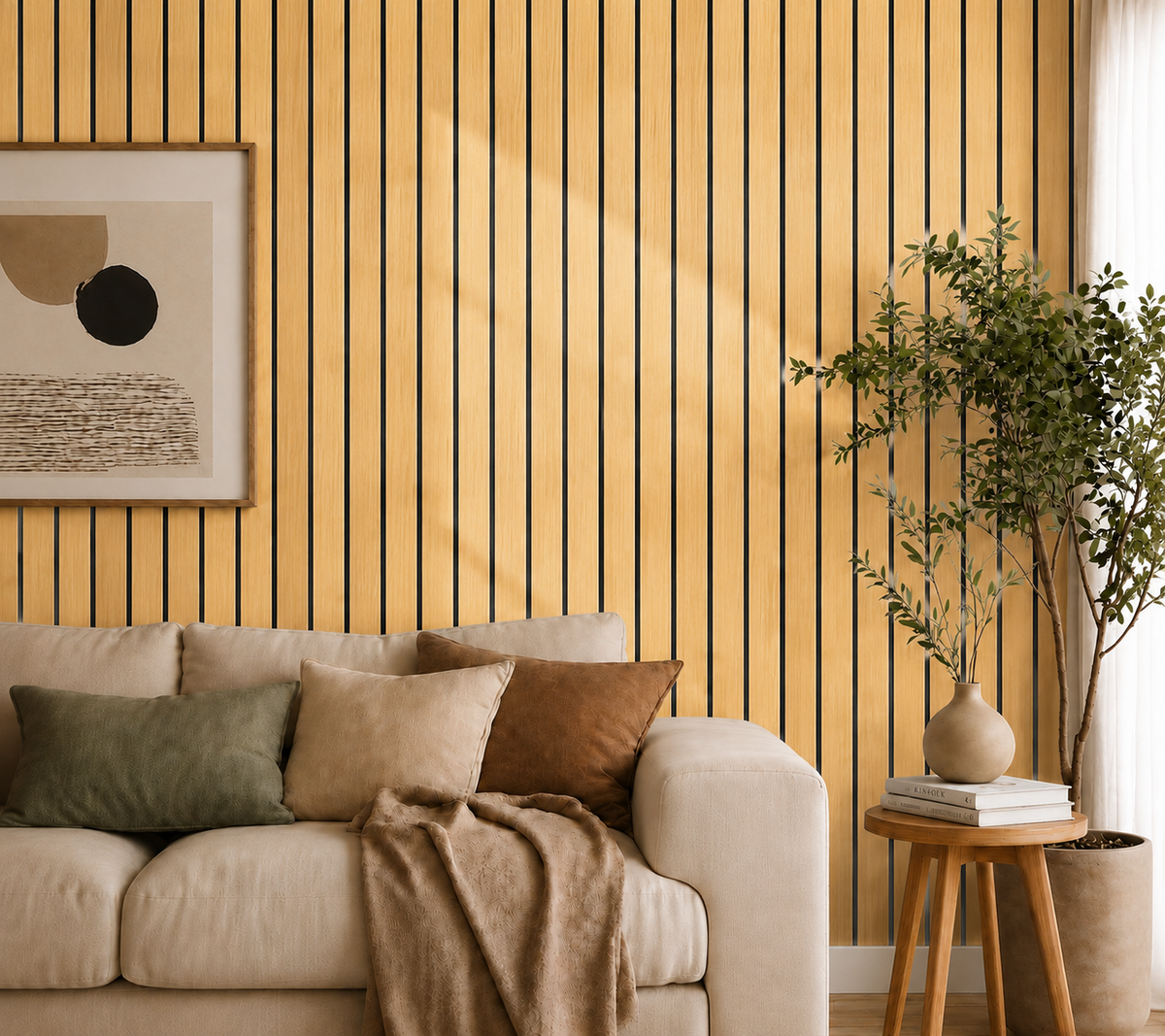 Light oak-effect slat wall above a beige sofa with cushions, framed art and tall plant 35