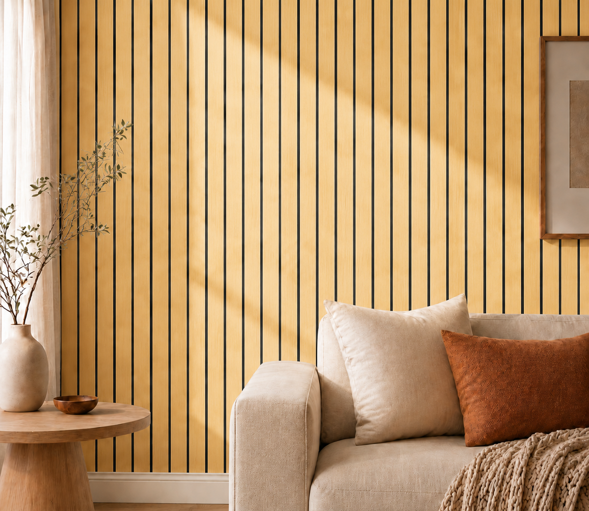 Sunlit light oak-effect slat wall beside a cream sofa, wooden side table and vase 36
