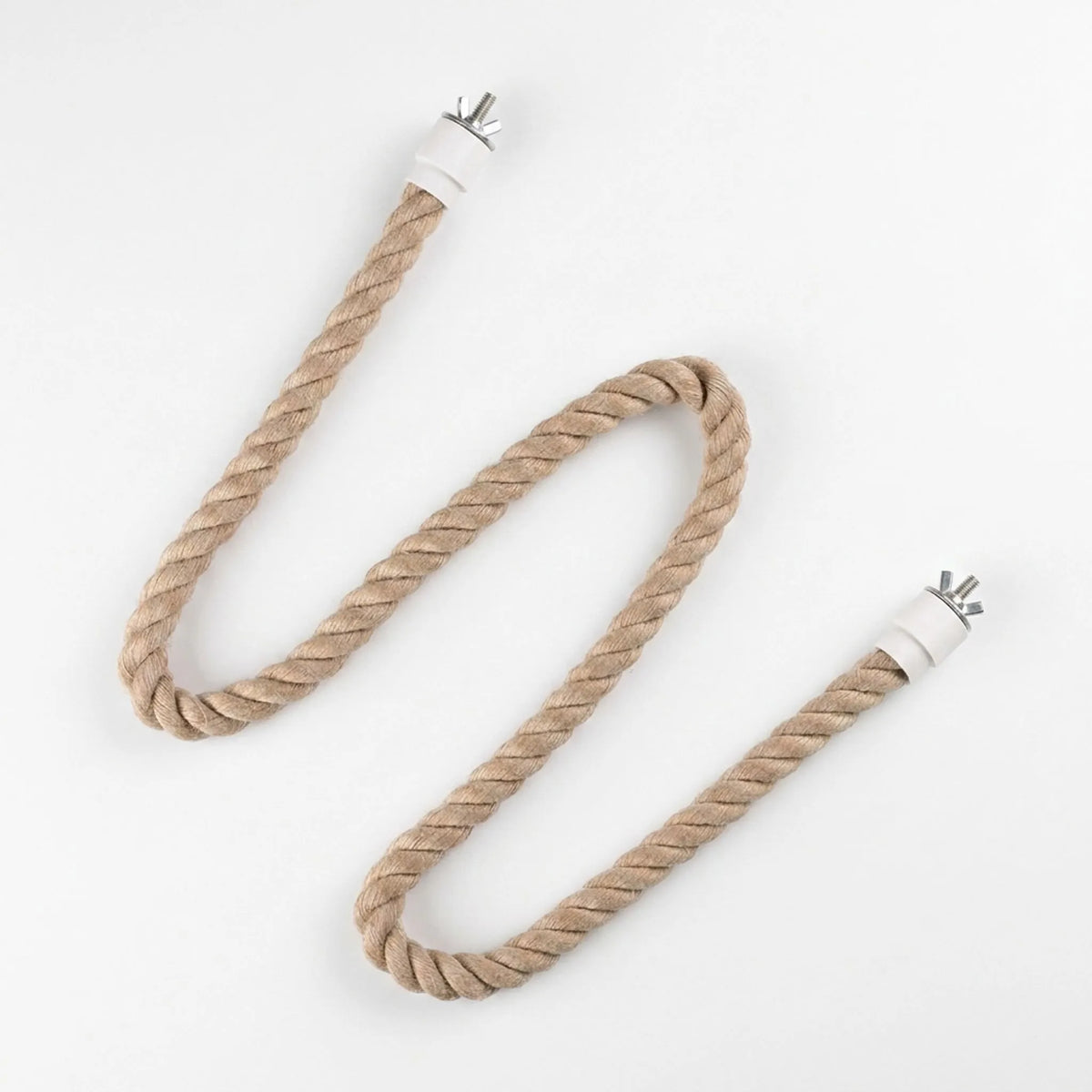 Twisted natural fibre rope laid out in an S-shape on a white background, with a white fitting and wing nut bolt at each end. 1