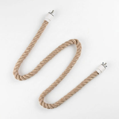 Twisted natural fibre rope laid out in an S-shape on a white background, with a white fitting and wing nut bolt at each end. 1