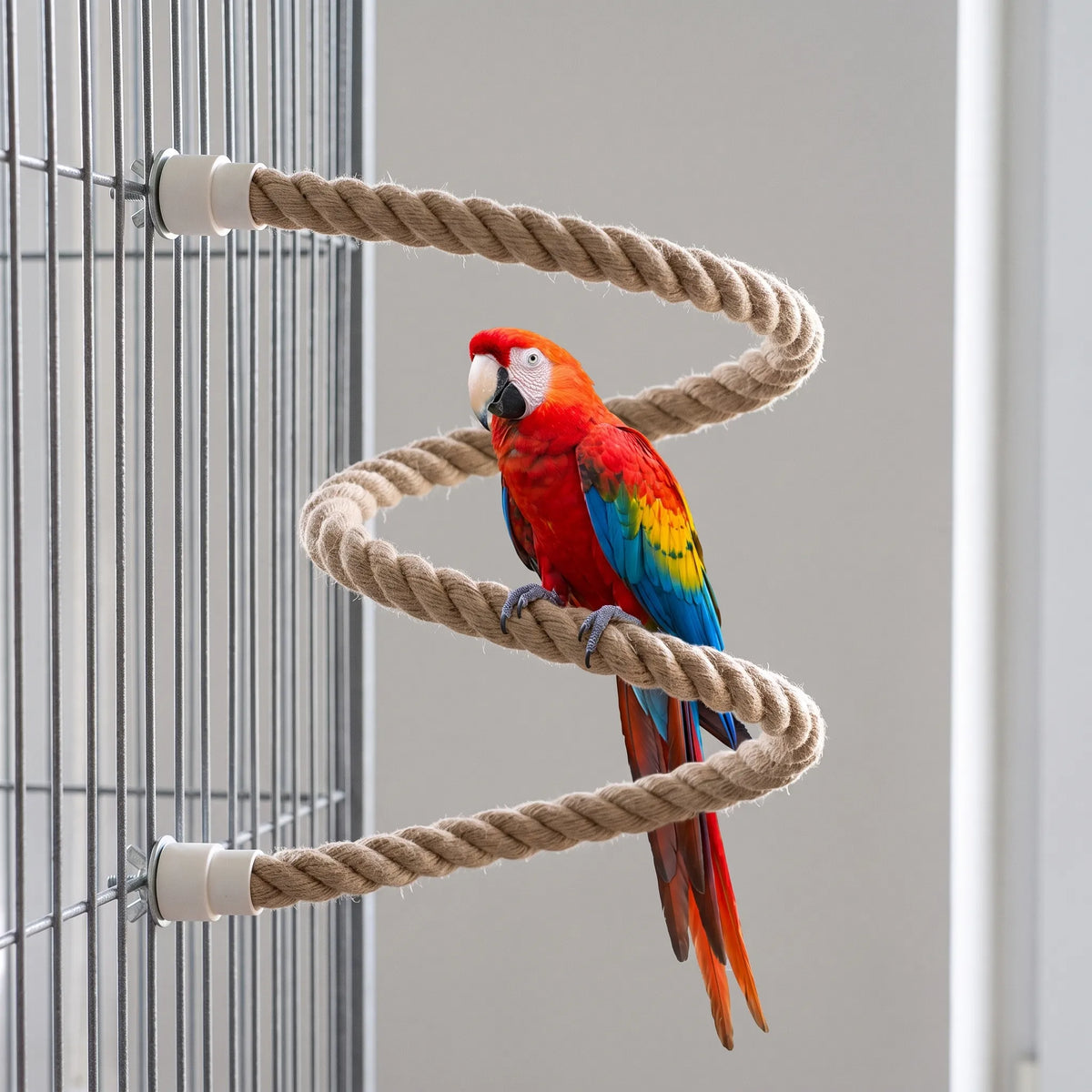 Rope bent into a spiral and fixed to a wire cage, with a red, yellow and blue macaw perched on it. 2
