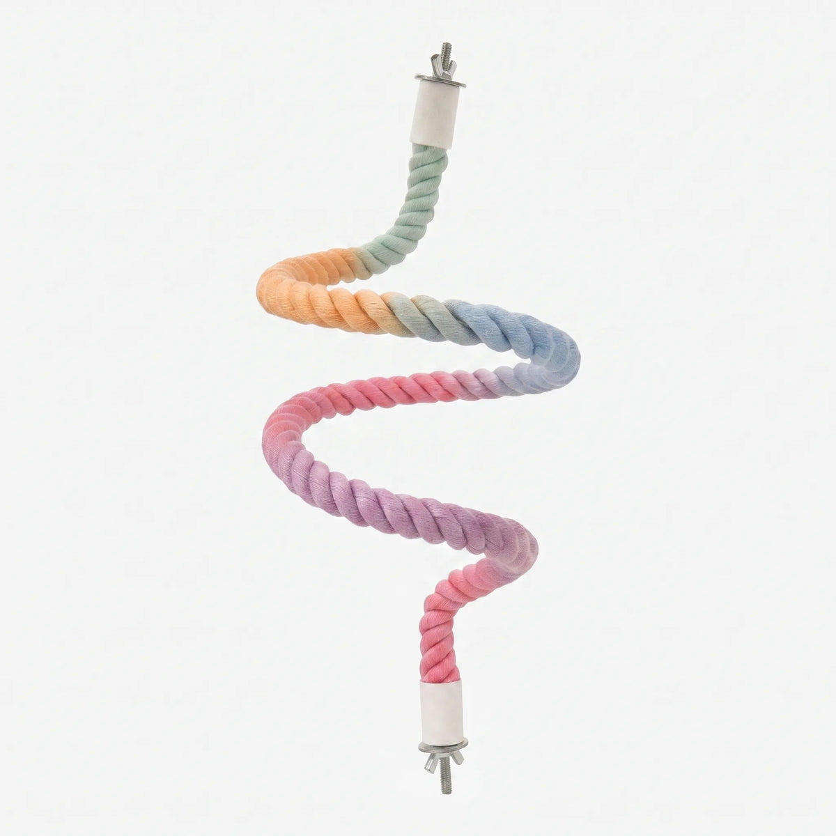 Pastel rainbow rope perch bent into a wavy S-shape on a plain white background, with metal bolt fittings at both ends. 1
