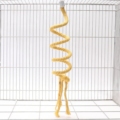 Yellow twisted rope perch coiled into a spiral, hanging from a white cap inside a wire cage, with knotted, frayed ends. 1