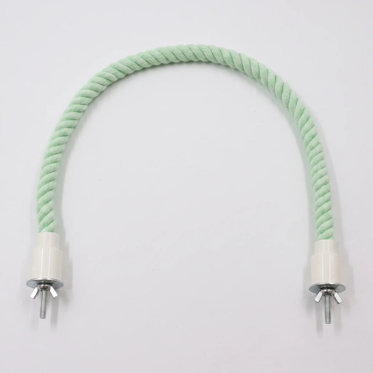 Mint green rope perch curved into an arch on a plain white background, showing white end caps and wing-nut bolts at both ends. 4