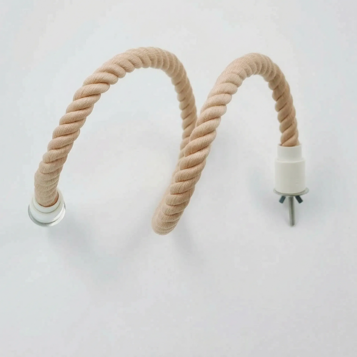 Beige twisted rope perch bent into a wavy, flexible curve, with a white cap and bolt at one end and a clear cap at the other. 6