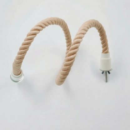 Beige twisted rope perch bent into a wavy, flexible curve, with a white cap and bolt at one end and a clear cap at the other. 6