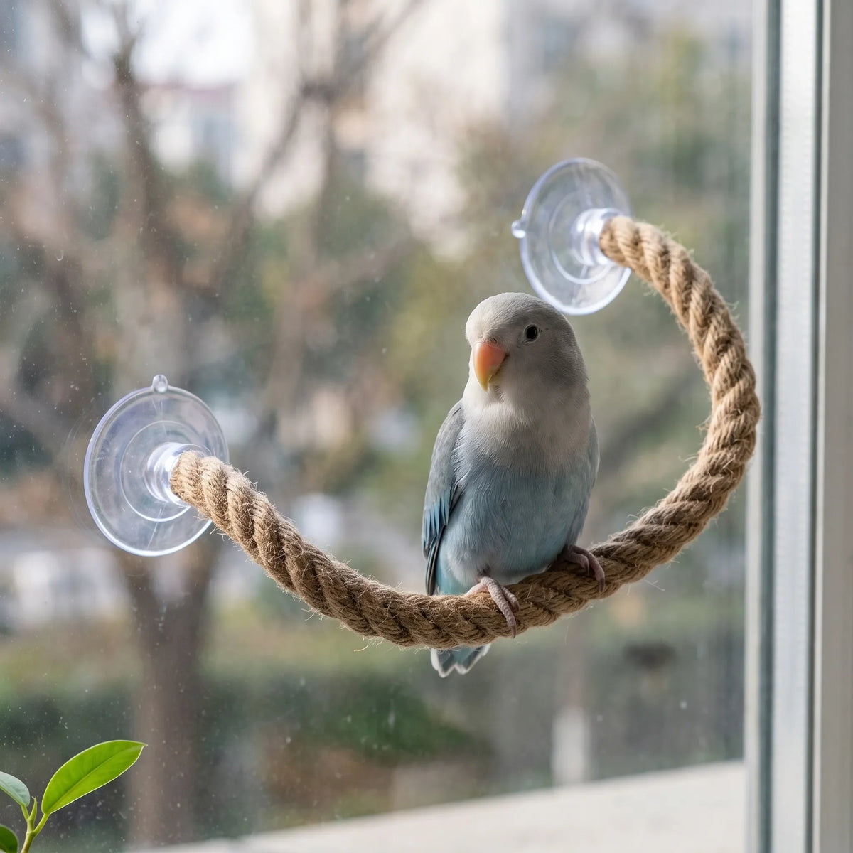 Pale blue parakeet perched on the rope perch curved in a wide arc between two suction cups on a window. 3