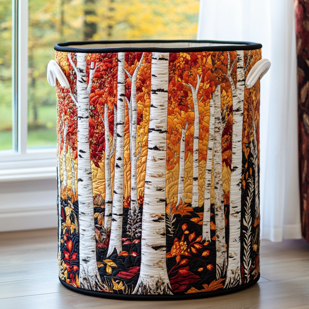 Round quilted basket with black trim and white handles, printed with white birch trees and red, orange and yellow autumn leaves. 3