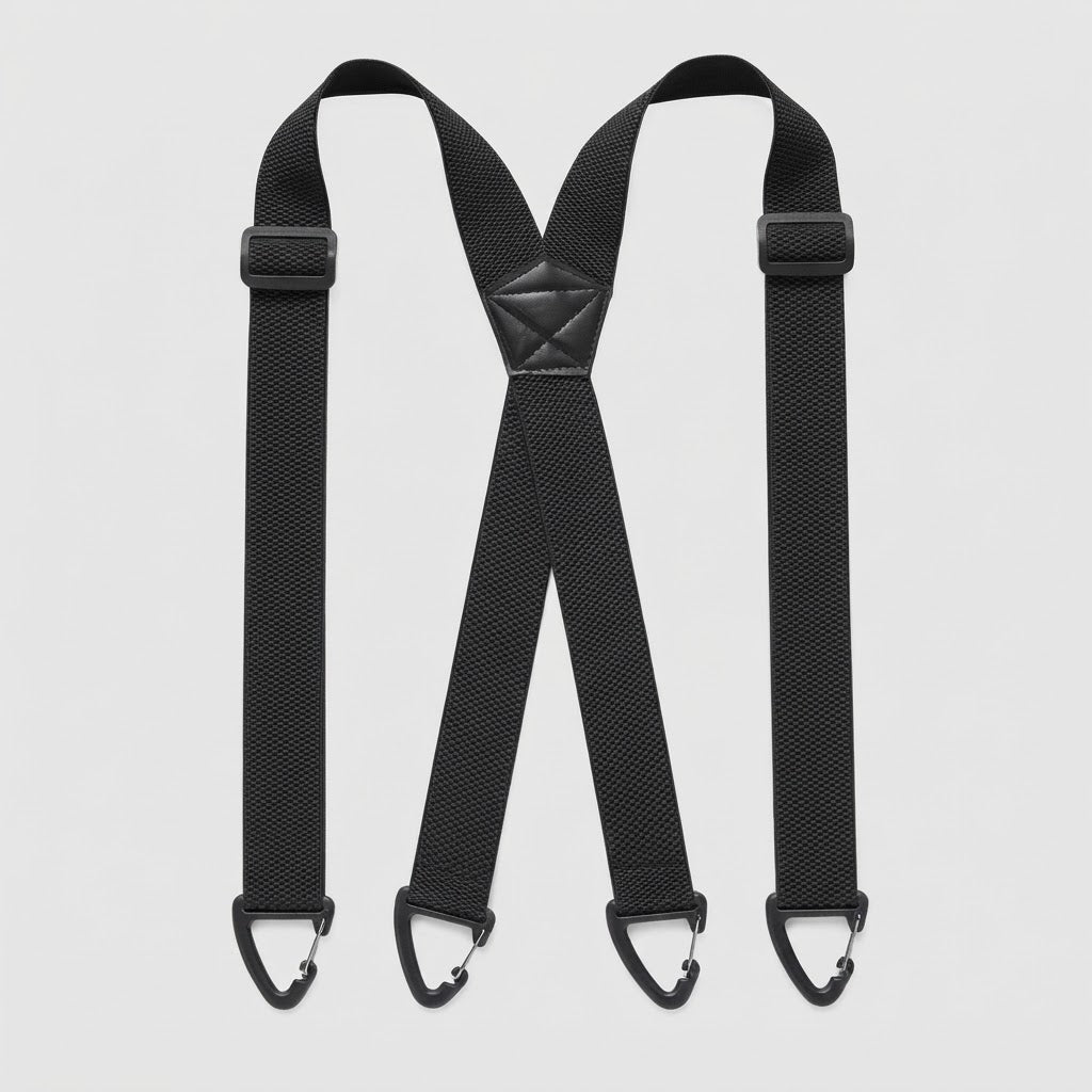 Flat lay of black X-shape braces with four black clip hooks and a stitched centre patch 18