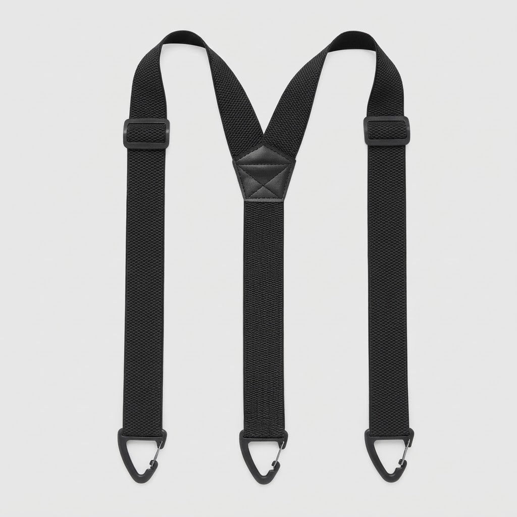 Flat lay of black Y-shape braces with three black clip hooks, slide adjusters and a stitched patch 19