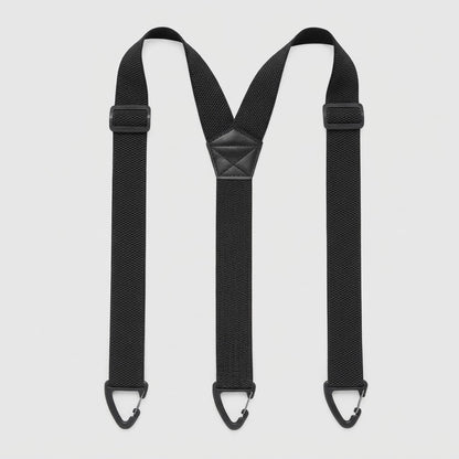 Flat lay of black Y-shape braces with three black clip hooks, slide adjusters and a stitched patch 19
