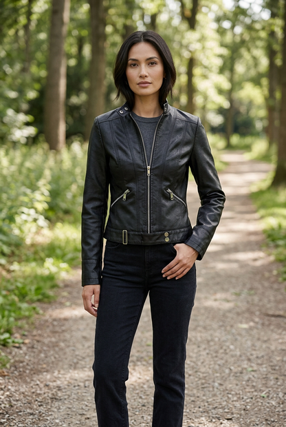 Woman in a black zip-up leather jacket and dark jeans on a sunlit woodland path 1