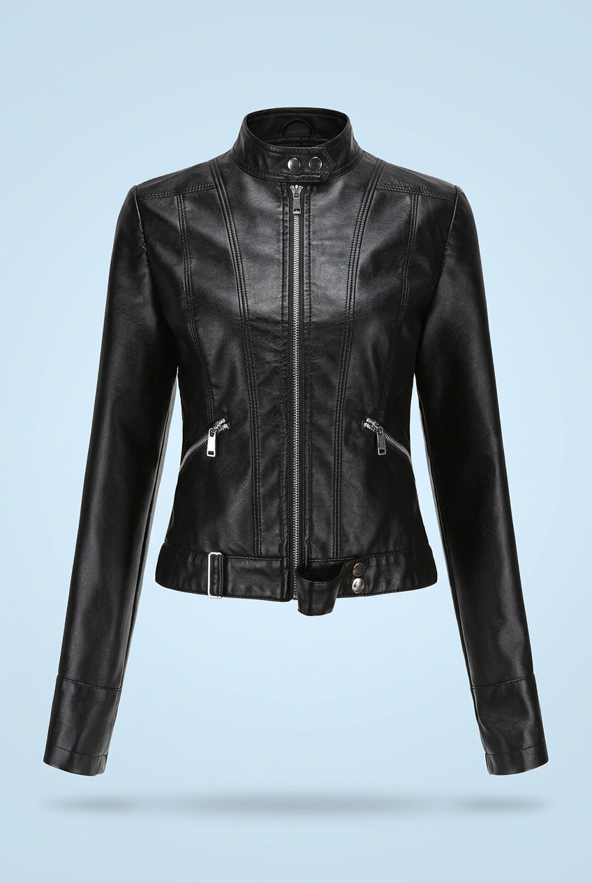 Black cropped jacket zipped up, front view, showing stand collar, slanted zip pockets and belted hem 2