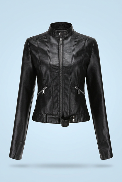 Black cropped jacket zipped up, front view, showing stand collar, slanted zip pockets and belted hem 2
