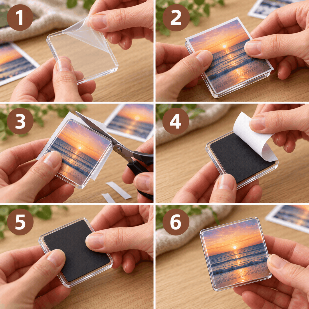 Six-step collage of hands making a magnet: peel the acrylic film, add the photo, trim it, fix the magnet 5