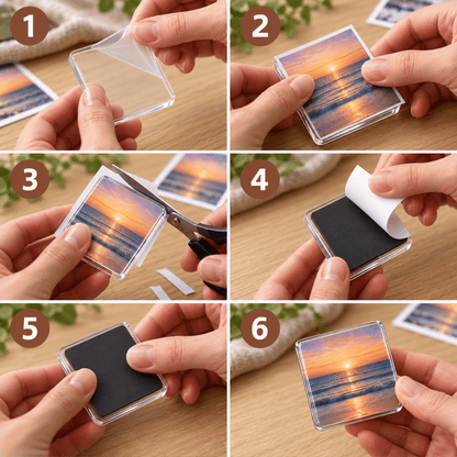 Six-step collage of hands making a magnet: peel the acrylic film, add the photo, trim it, fix the magnet 5