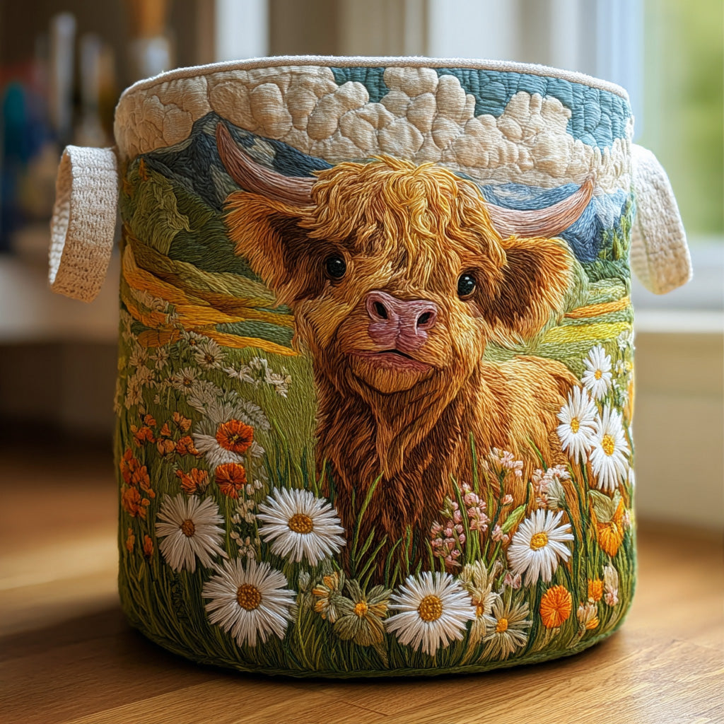 Close-up of the round quilted basket with cream woven handles, showing an embroidered Highland calf among daisies and wildflowers on a wooden surface. 1