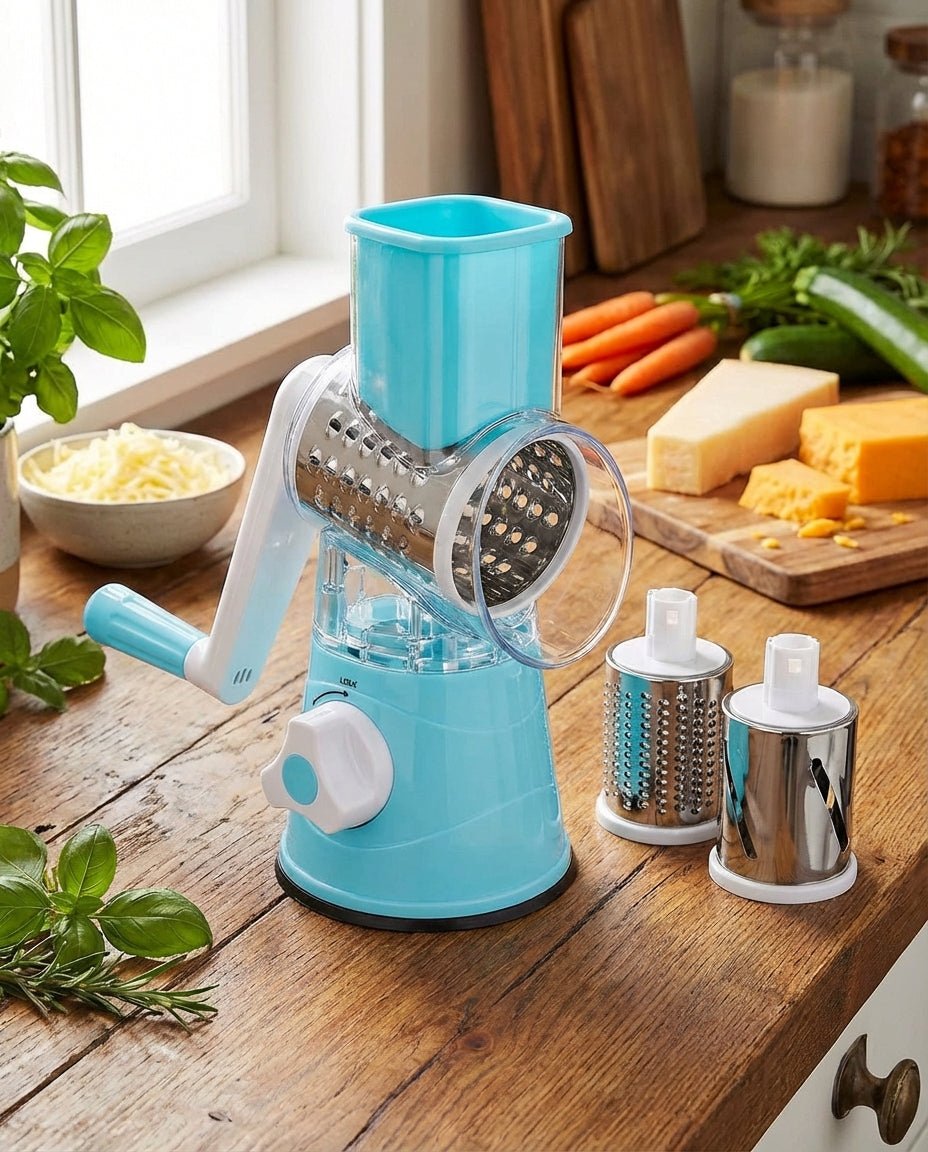 Light blue version of the rotary chopper with white handle and knob, shown with two spare drums on a wooden worktop. 10