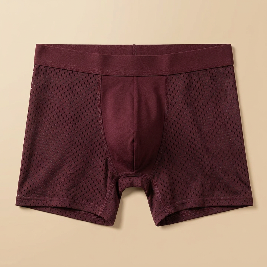 Burgundy boxer briefs laid flat, showing the perforated side panels, smooth centre panel and stitched seams 7