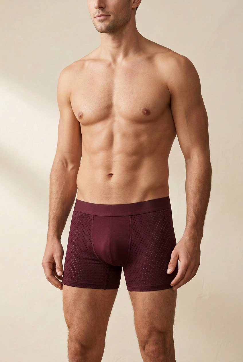 Man wearing burgundy boxer briefs with perforated mesh side panels, shown from the front against a cream wall 1