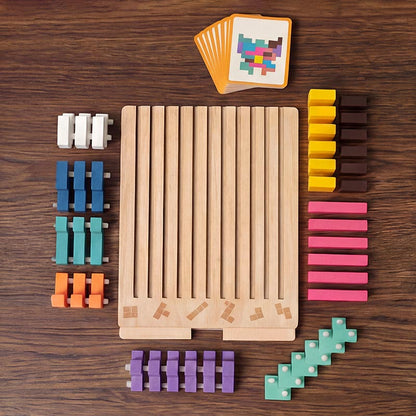 Flat lay on a wooden table of the slotted board, a fan of pattern cards and the coloured blocks sorted by colour. 2
