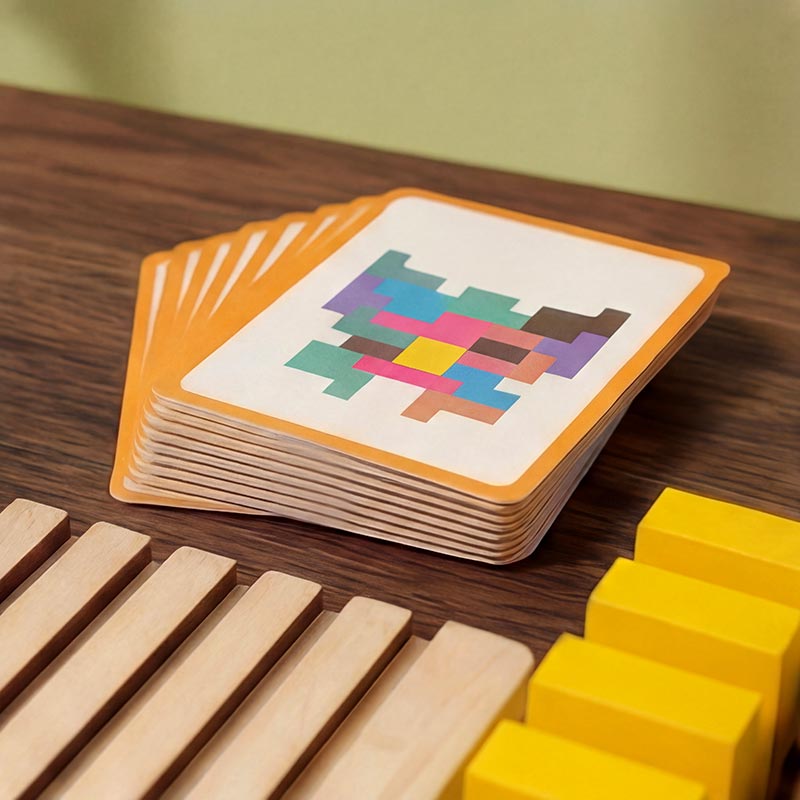 Close-up of a stack of orange-edged pattern cards showing a colourful block design, beside the board's wooden slats and yellow blocks. 9