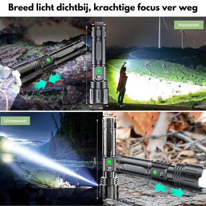 Collage showing the torch's zoom function, with a wide beam up close and a narrow focused beam across a distant landscape. 2