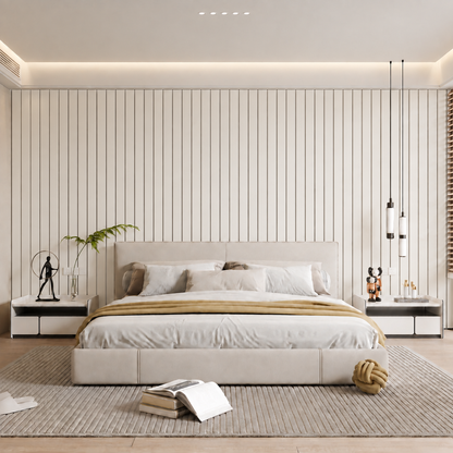 Off-white slat wall behind a double bed in a calm, neutral bedroom 19