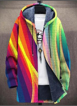 Open hooded cardigan with diagonal rainbow stripes in orange, purple, yellow and green, showing a soft fleece lining 2