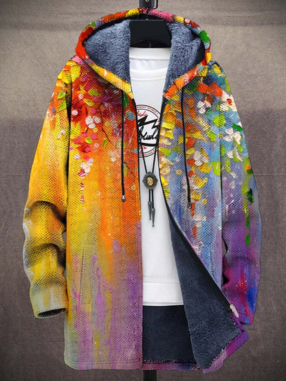 Hooded cardigan with an impressionist floral painting print in yellow, orange and purple, lined with grey fleece 3