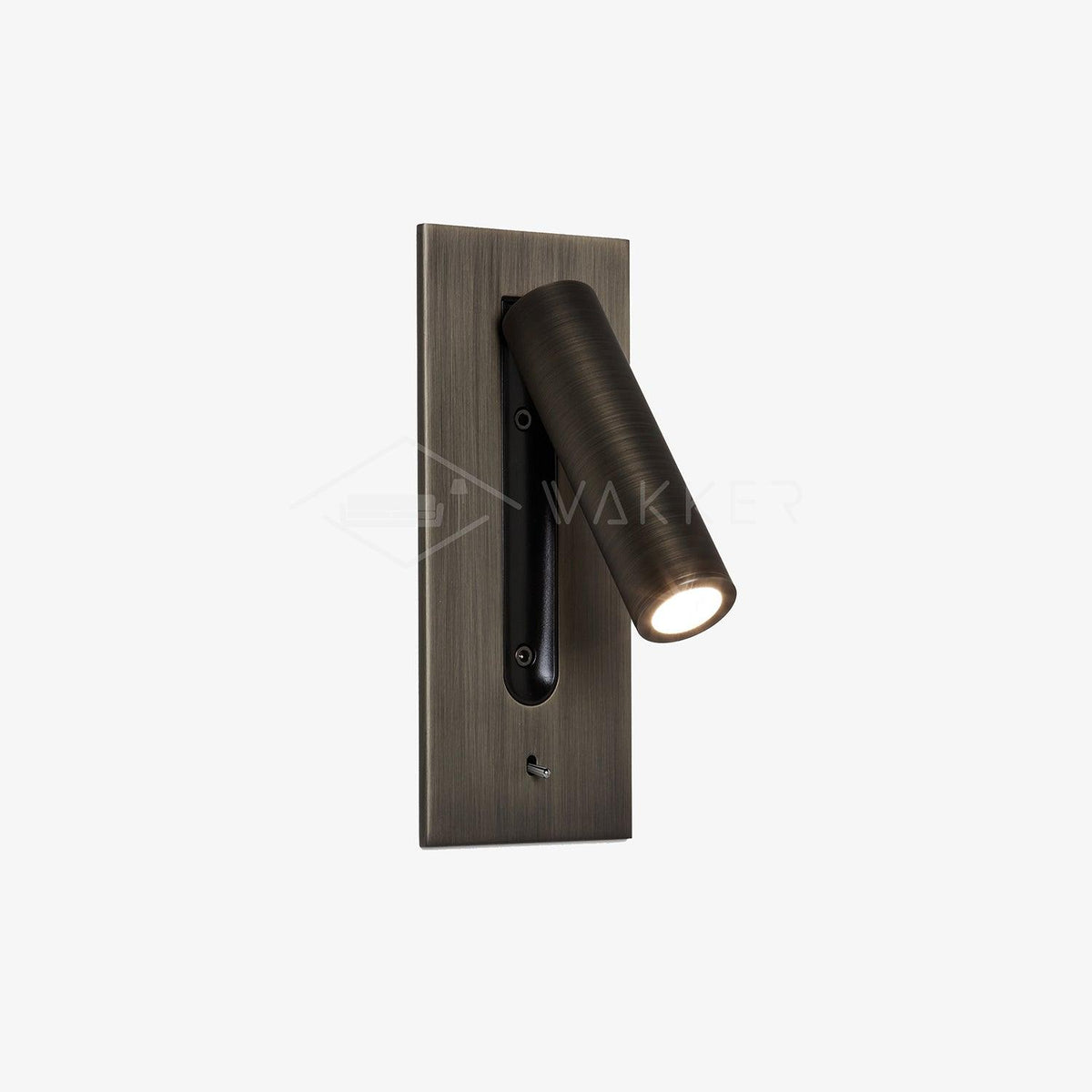 Brushed gold wall light with lit tube angled left, black recess and toggle switch below 15