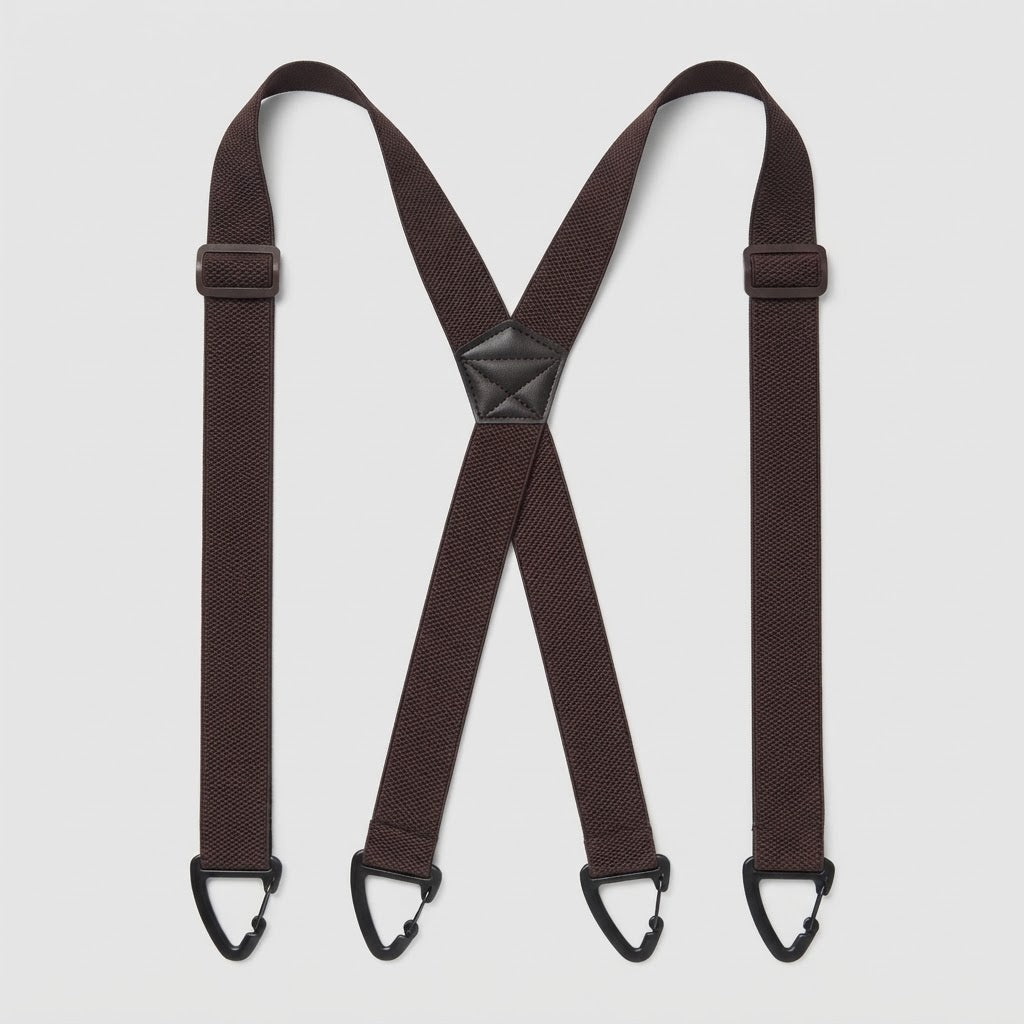 Flat lay of dark brown X-shape braces with four black clip hooks and a dark centre patch 17