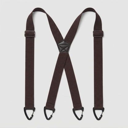 Flat lay of dark brown X-shape braces with four black clip hooks and a dark centre patch 17