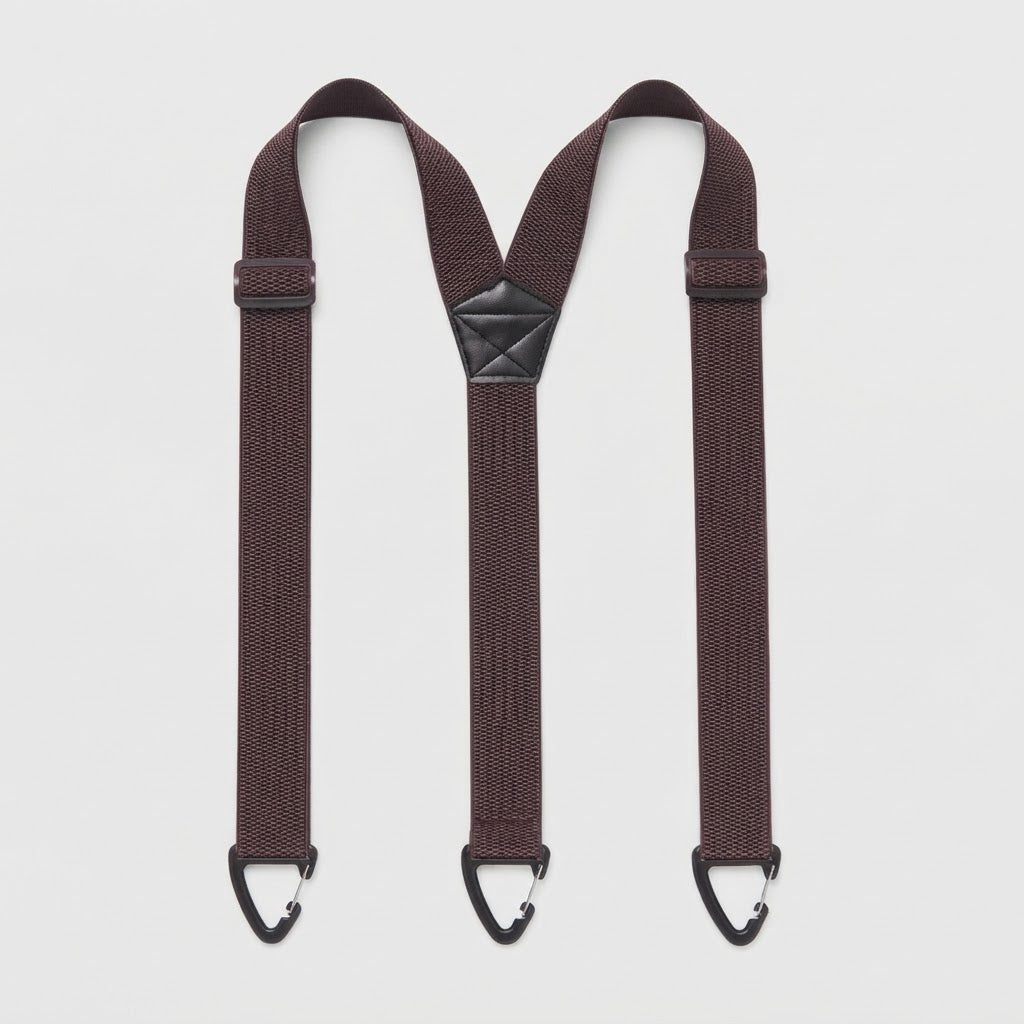 Flat lay of dark brown Y-shape braces with three black clip hooks and a black centre patch 16