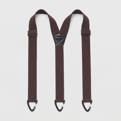 Flat lay of dark brown Y-shape braces with three black clip hooks and a black centre patch 16