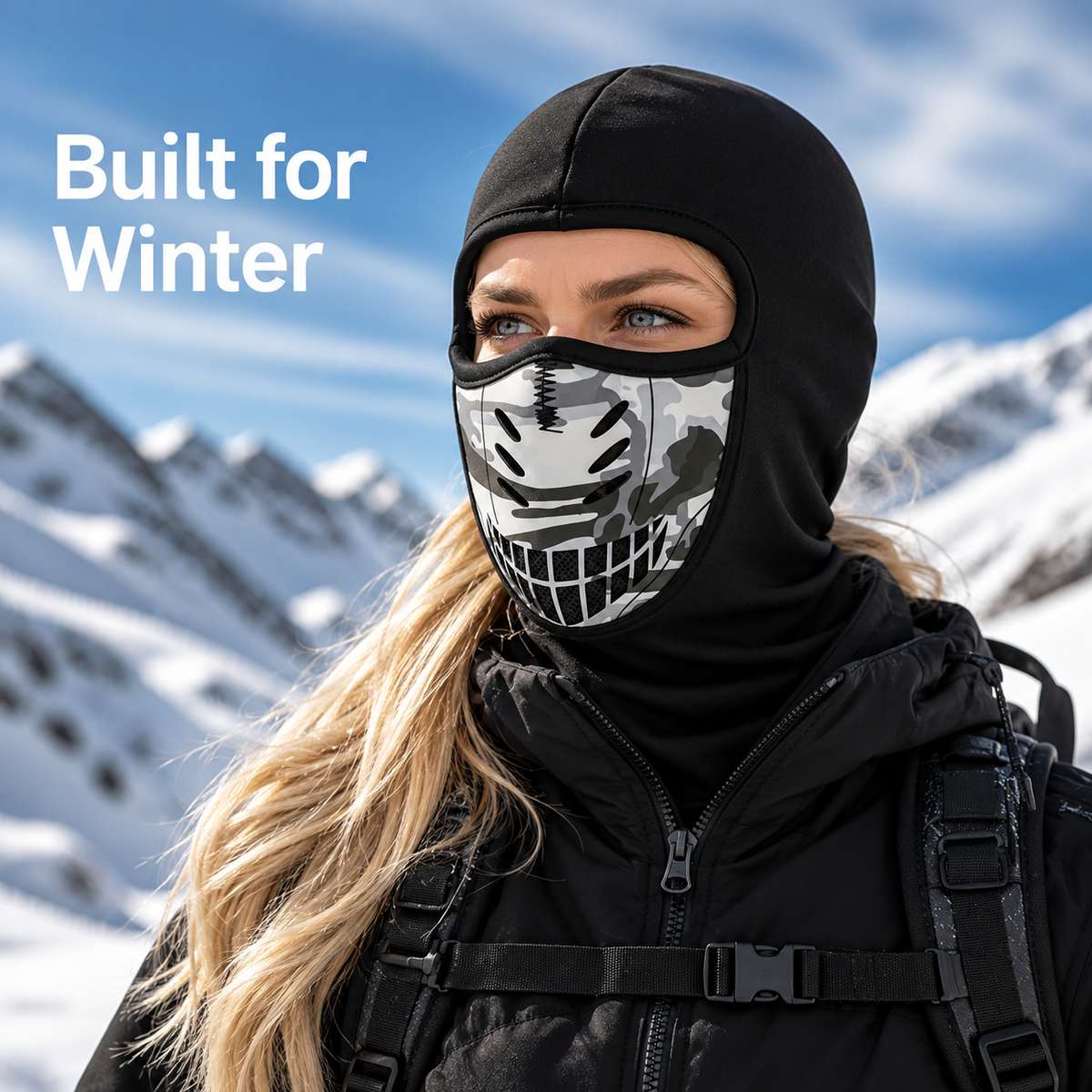 Woman wearing the black balaclava with camouflage vented face panel against a snowy mountain backdrop, with the neck section tucked into her jacket. 1