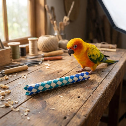 Blue and teal woven finger trap lying on a rustic workbench, with a small orange and green parrot looking at it. 2
