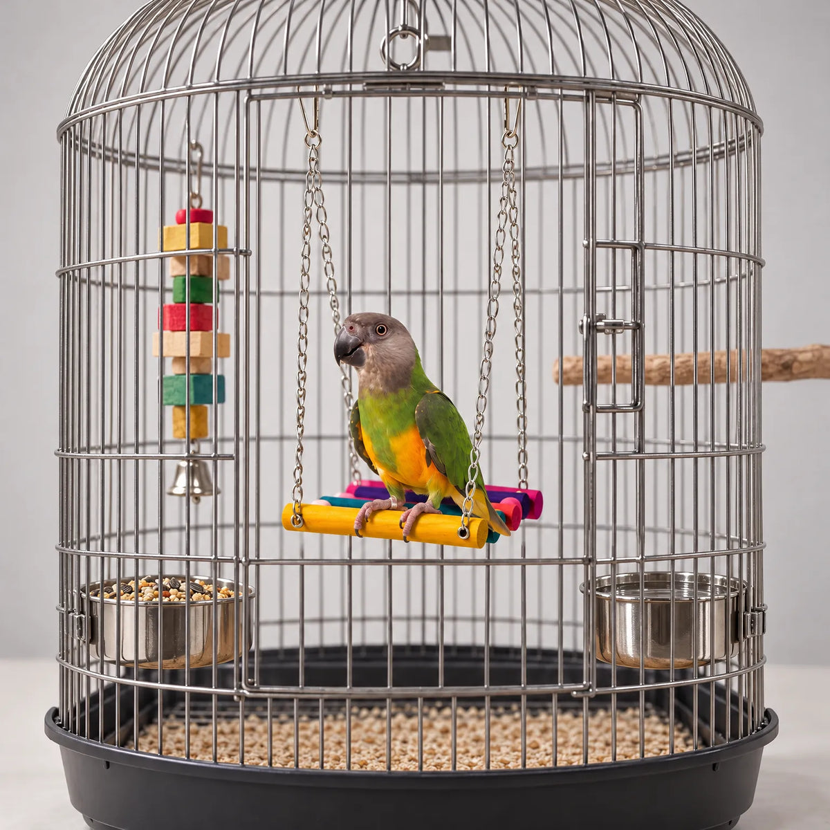 Colourful wooden swing hanging on chains inside a large domed steel cage, with a grey-headed green parrot perched on it. 1