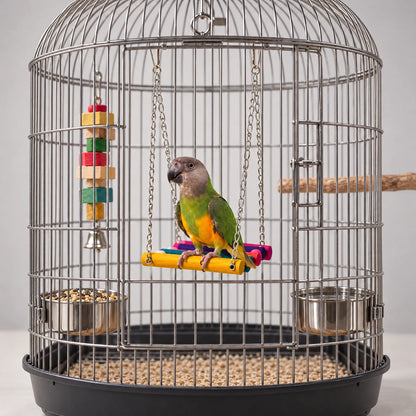 Colourful wooden swing hanging on chains inside a large domed steel cage, with a grey-headed green parrot perched on it. 1