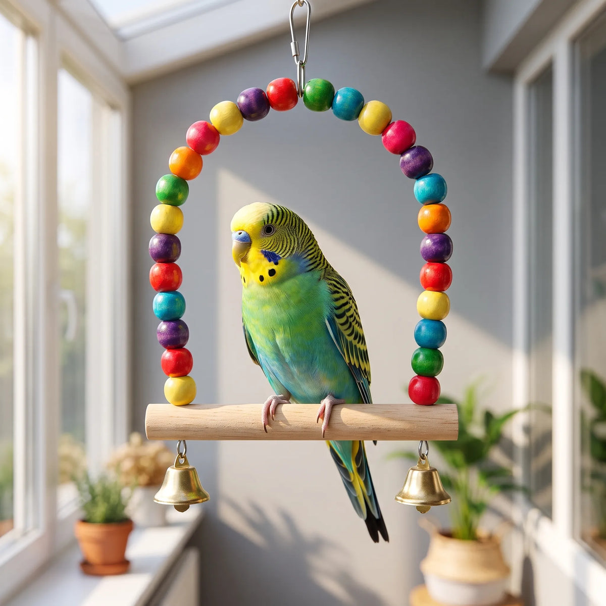 Green and yellow budgerigar perched on the swing in a bright sunlit conservatory with potted plants behind. 2