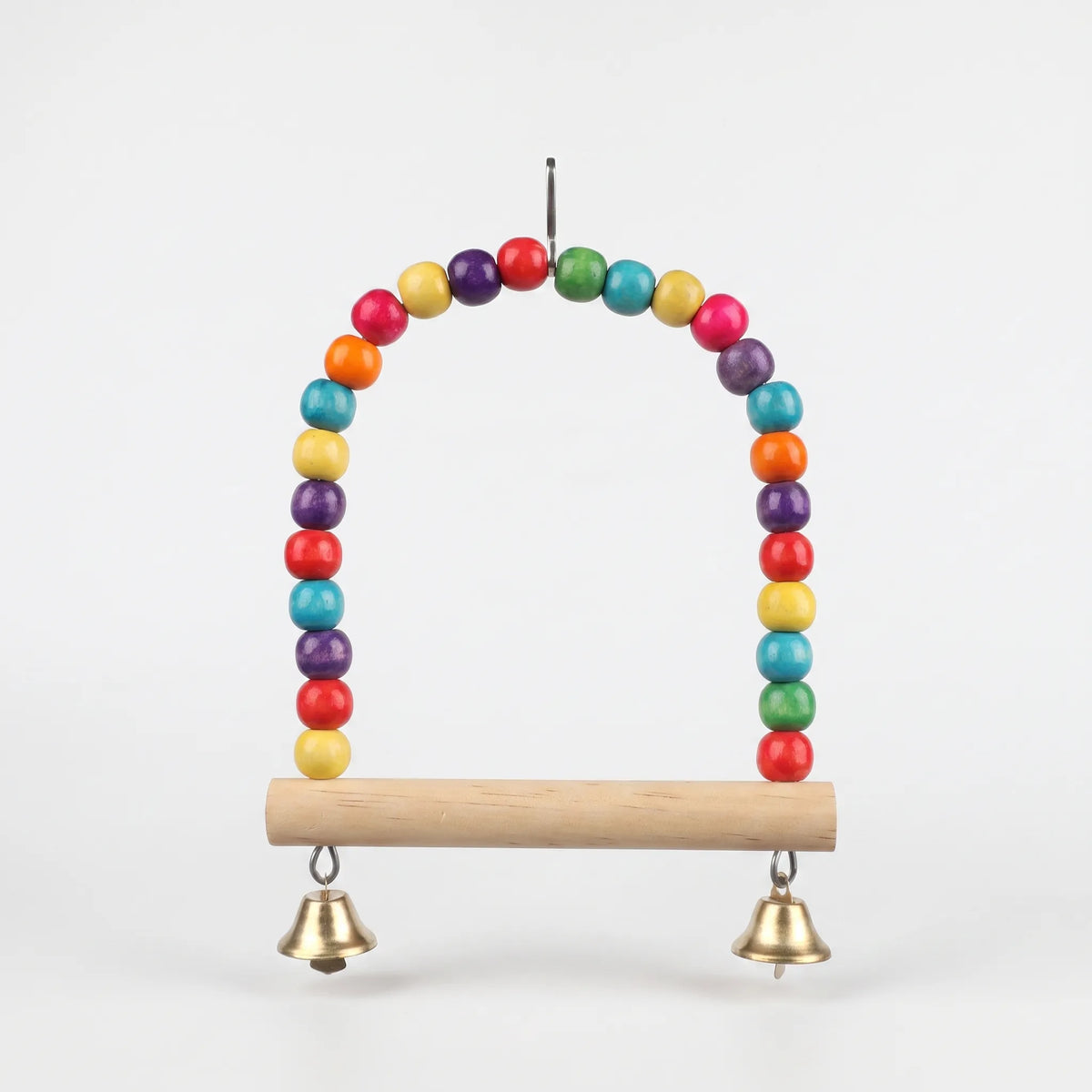 Swing hanging against a white background, showing the bead arch, round wooden perch, metal hook and two small bells. 5