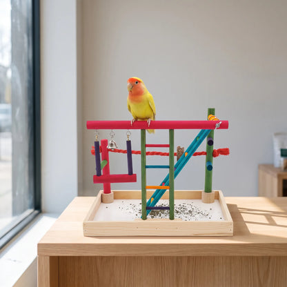 Small yellow and orange lovebird perched on the top red bar of the wooden playground, which stands on a light wooden table. 3