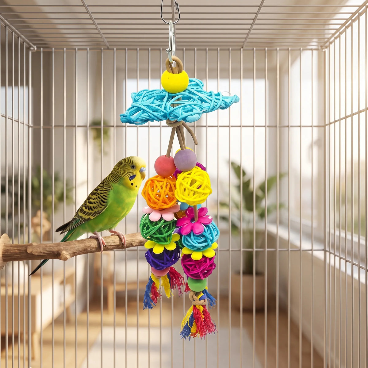 Toy hanging inside a wire cage beside a green budgie perched on a wooden branch, showing its use. 2