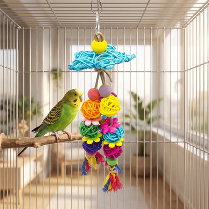 Toy hanging inside a wire cage beside a green budgie perched on a wooden branch, showing its use. 2