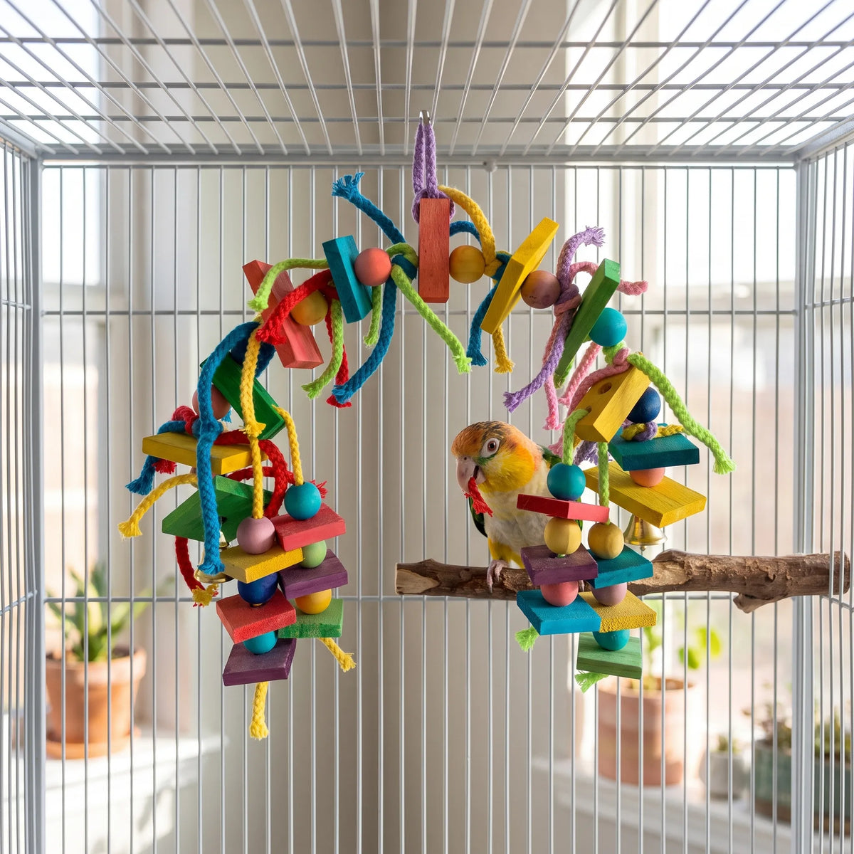 Arched toy hung inside a white cage while a small parrot perches on a branch and nibbles a rope. 2