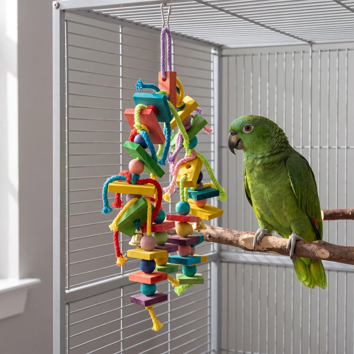 Toy hanging vertically from a metal clip in a cage, with a green parrot perched on a branch beside it. 3
