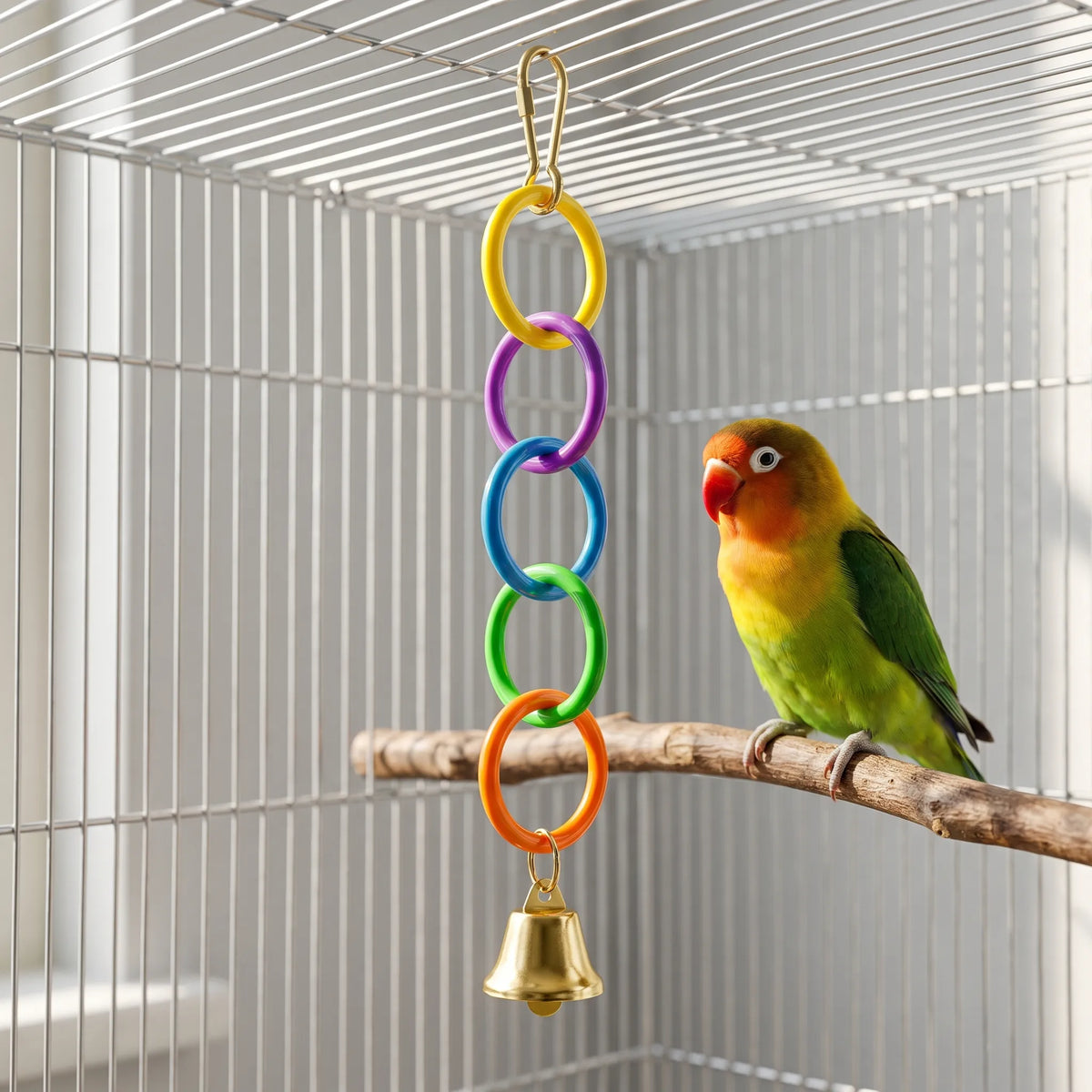 The ring chain hanging inside a cage on a gold clip, with a green lovebird perched on a branch beside it. 2
