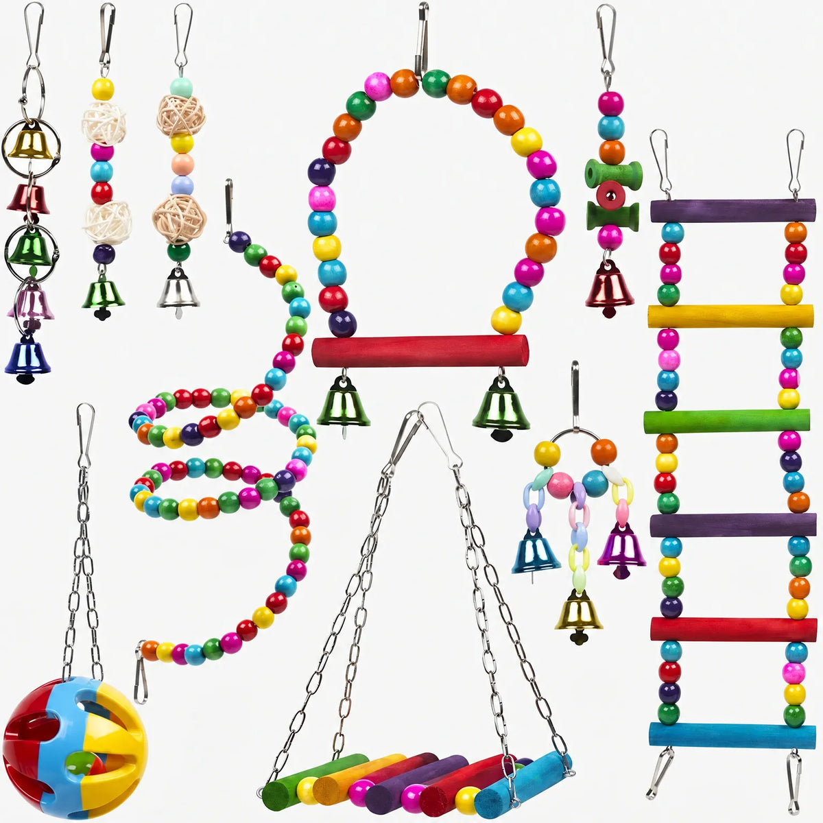 Full set of nine colourful hanging bird toys on white: bead arch swing, spiral, ladder, bells, rattan balls and a plastic ball. 1