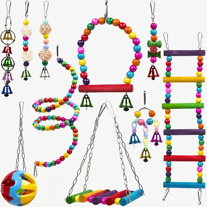 Full set of nine colourful hanging bird toys on white: bead arch swing, spiral, ladder, bells, rattan balls and a plastic ball. 1