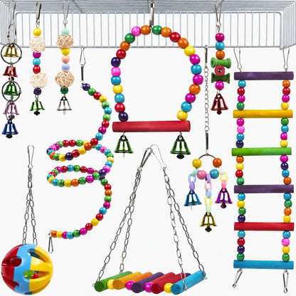 The colourful toy set hung from a cage roof, showing the swing, spiral, ladder, belled chimes, rattan balls and perch. 5